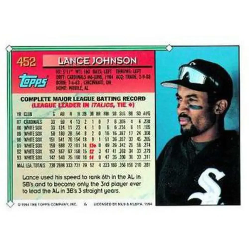 1994 Topps Lance Johnson # 452 Chicago White Sox